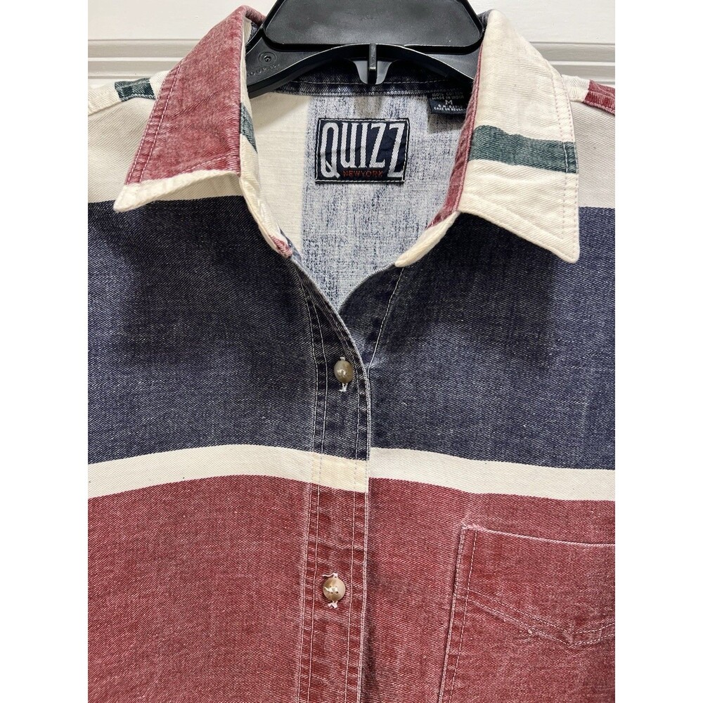 Quizz NY VTG Women's Denim Med Long Sleeve Buttoned-Up Shirt Navy Blue Red White - Picture 2 of 8